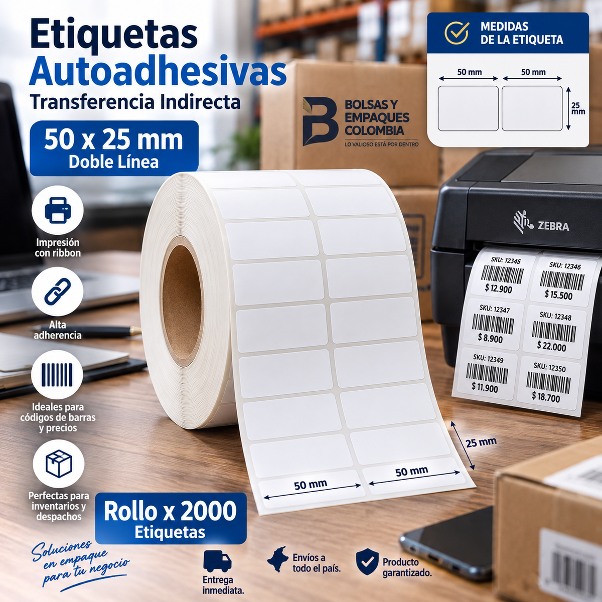 Etiquetas autoadhesivas 50x25 mm utilizadas para inventarios y procesos logísticos