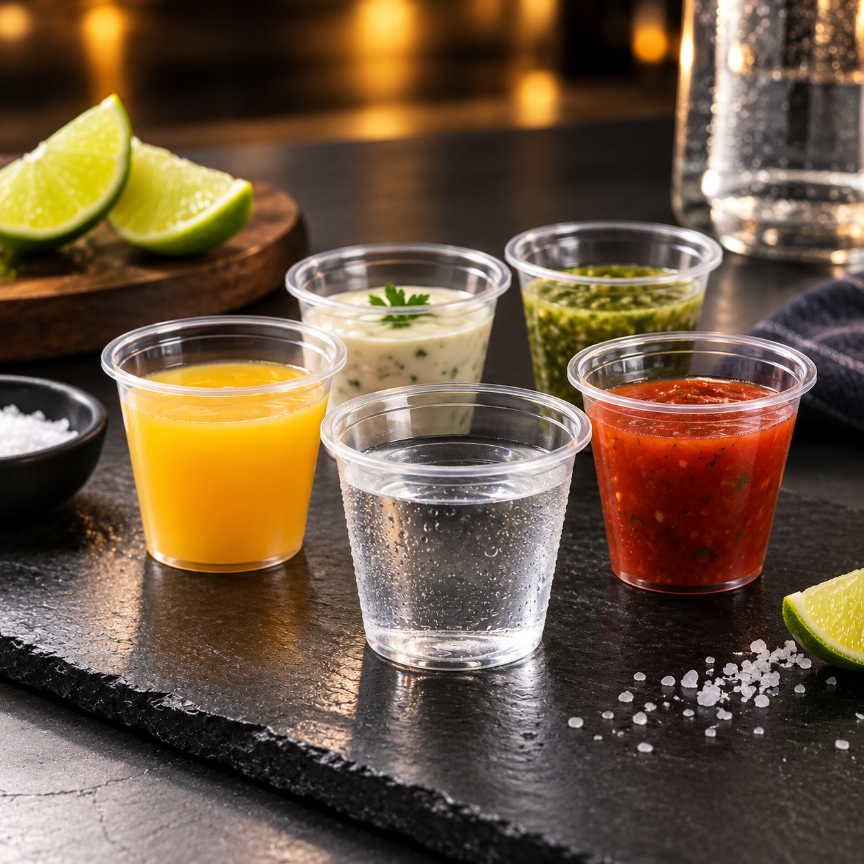 Copas desechables de 1.5 oz para servir aguardiente y shots y salsas