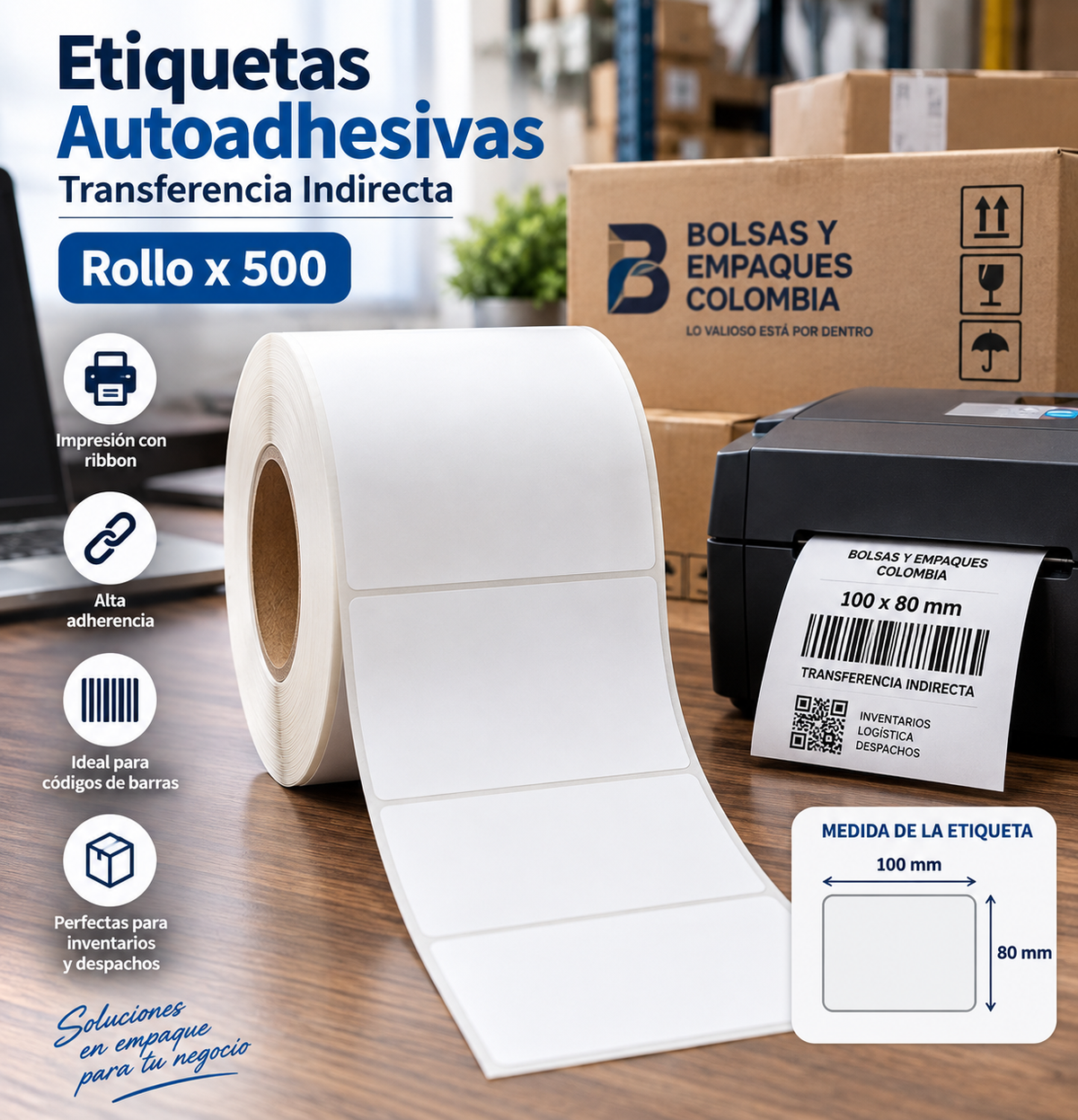 Etiquetas autoadhesivas 100x80 mm de transferencia indirecta con medidas