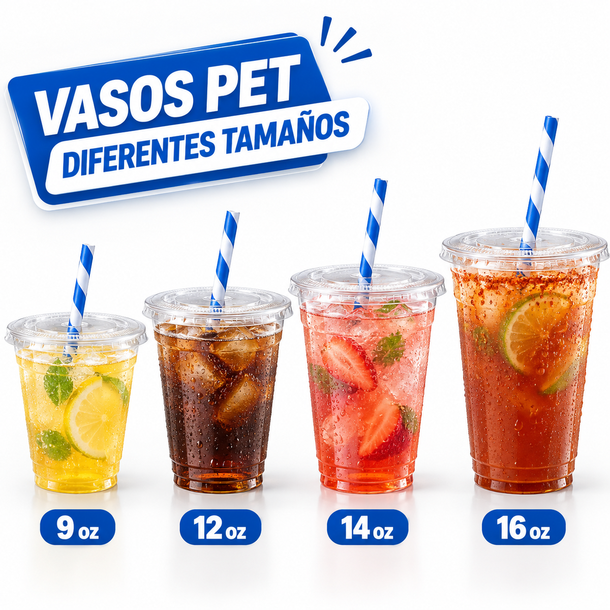 Vasos PET Transparentes Premium 9, 12, 14 y 16 oz | Para Jugos, Frappés y Bebidas Frías